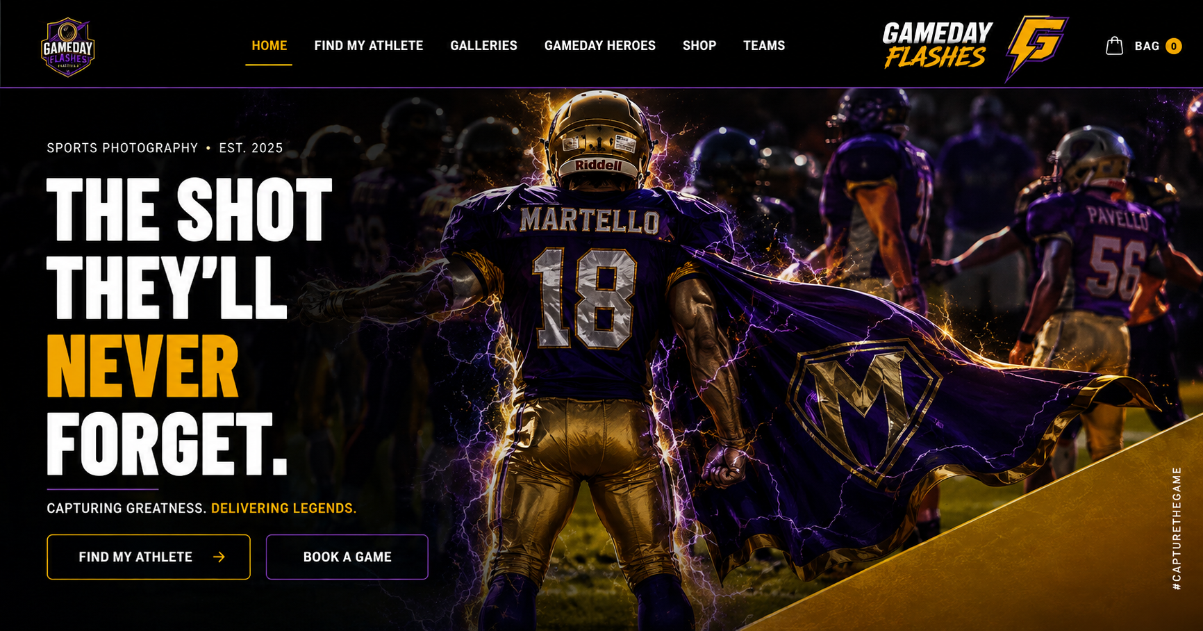 Gameday Flashes homepage with shopping bag at the upper right and Martello superhero artwork