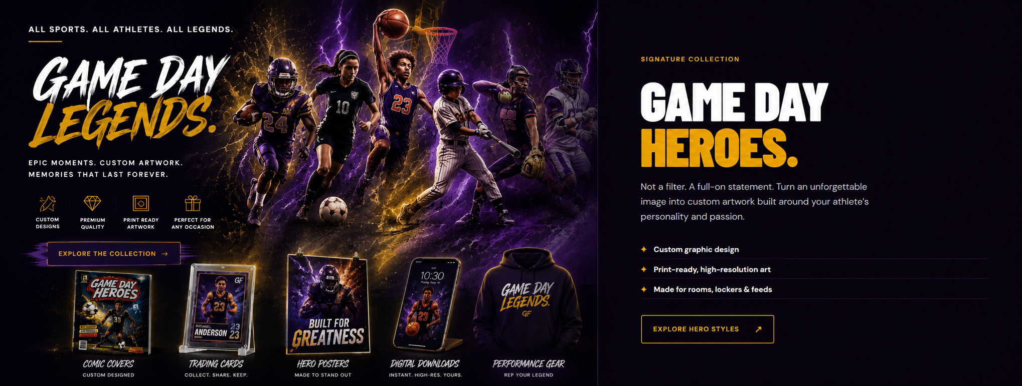 Game Day Legends and Game Day Heroes signature collection in black, purple, gold, and white
