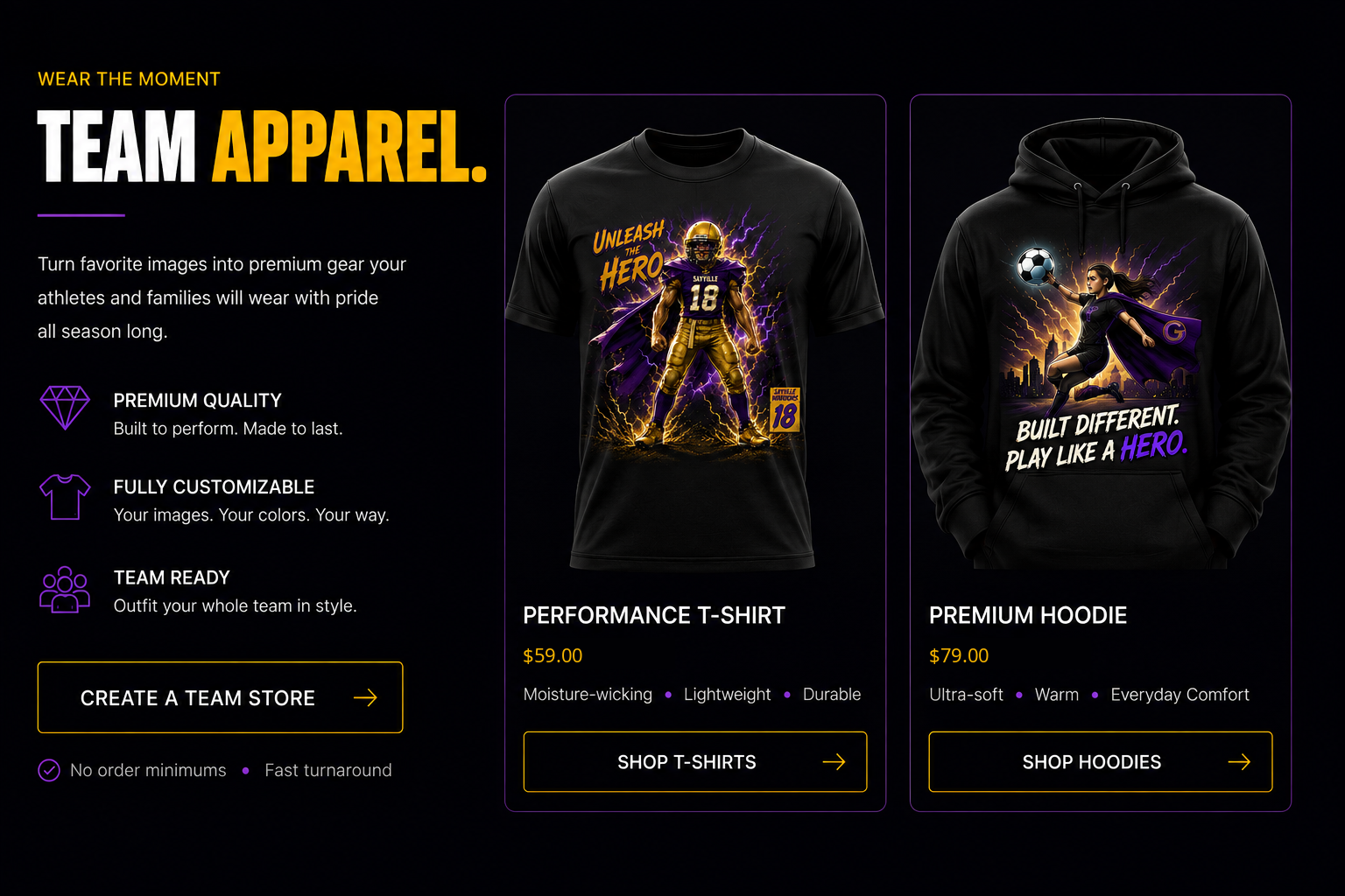 Team Apparel featuring a $59 Performance T-Shirt and $79 Premium Hoodie